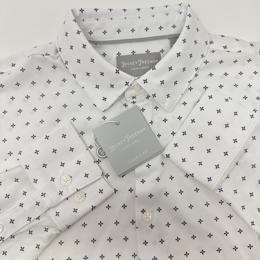 Hickey Freeman Mens Classic Fit White Navy Geometric Button Down Shirt Small NEW